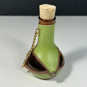 GLASS Spain Genie BOTTLE LEATHER ENCASED DECANTOR w/Chain on sides 4.5" Tall